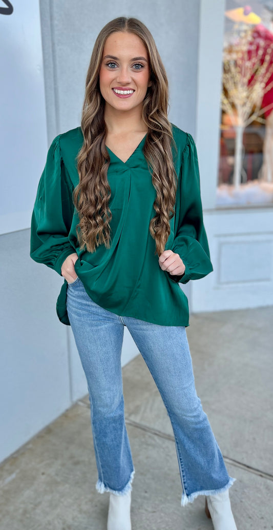 Satin Long Sleeve Top, Hunter Green