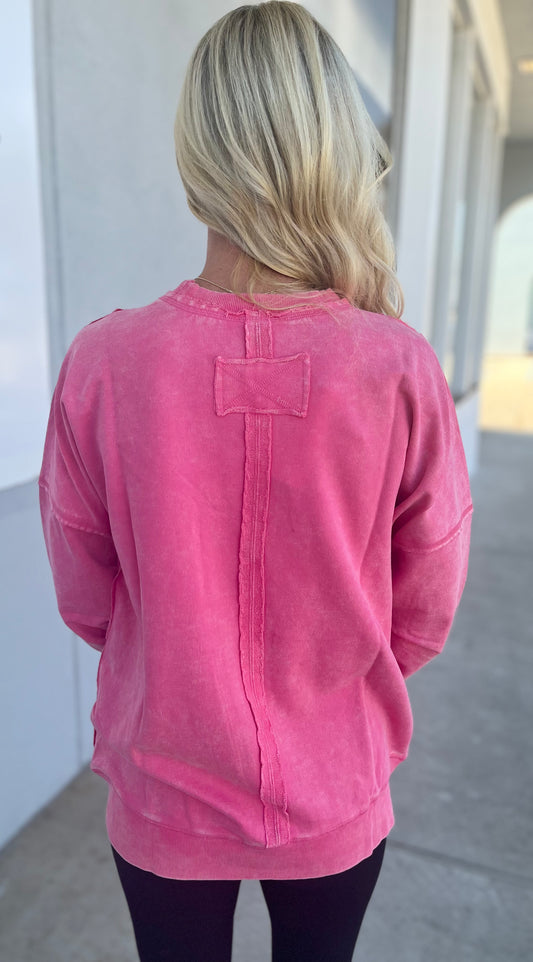 French Terry Acid Wash Front Pocket Pullover, Fuchsia