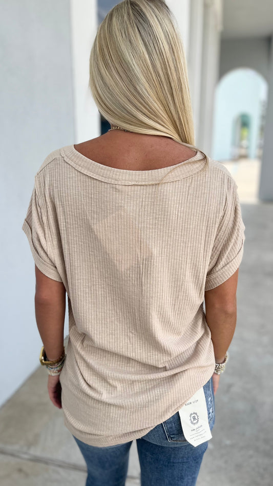 V Neck Short Sleeve Solid Basic Top, Latte