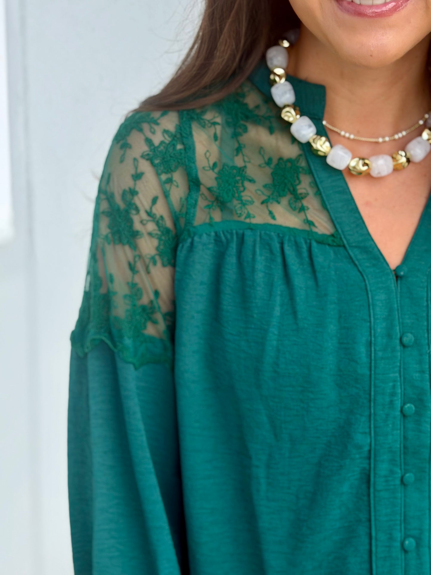 Lace Contrast Button Down Blouse, Hunter Green