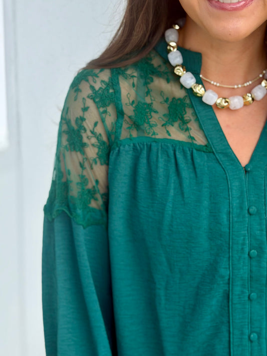 Lace Contrast Button Down Blouse, Hunter Green