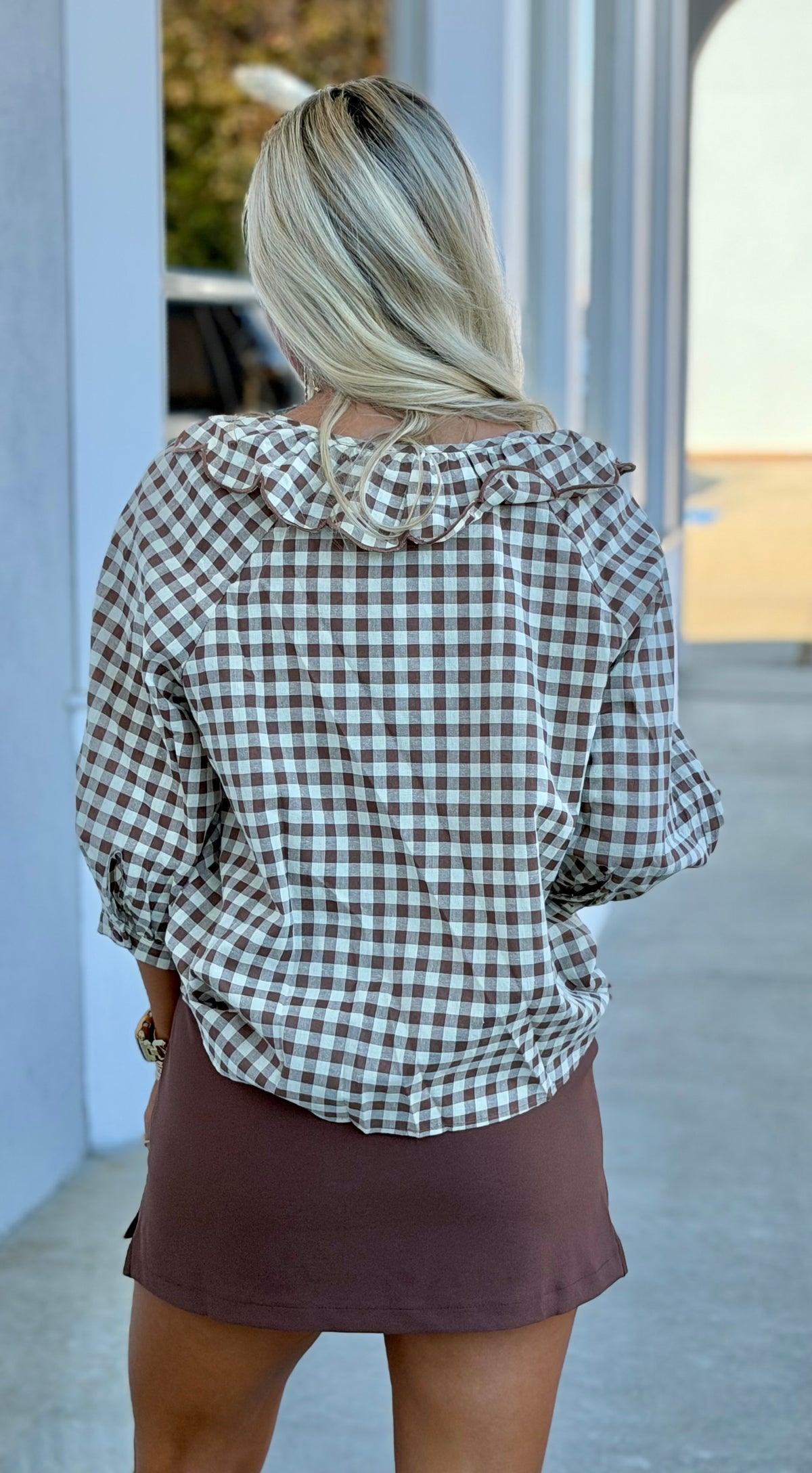 Brown Gingham 3/4 Sleeve Blouse W Collar