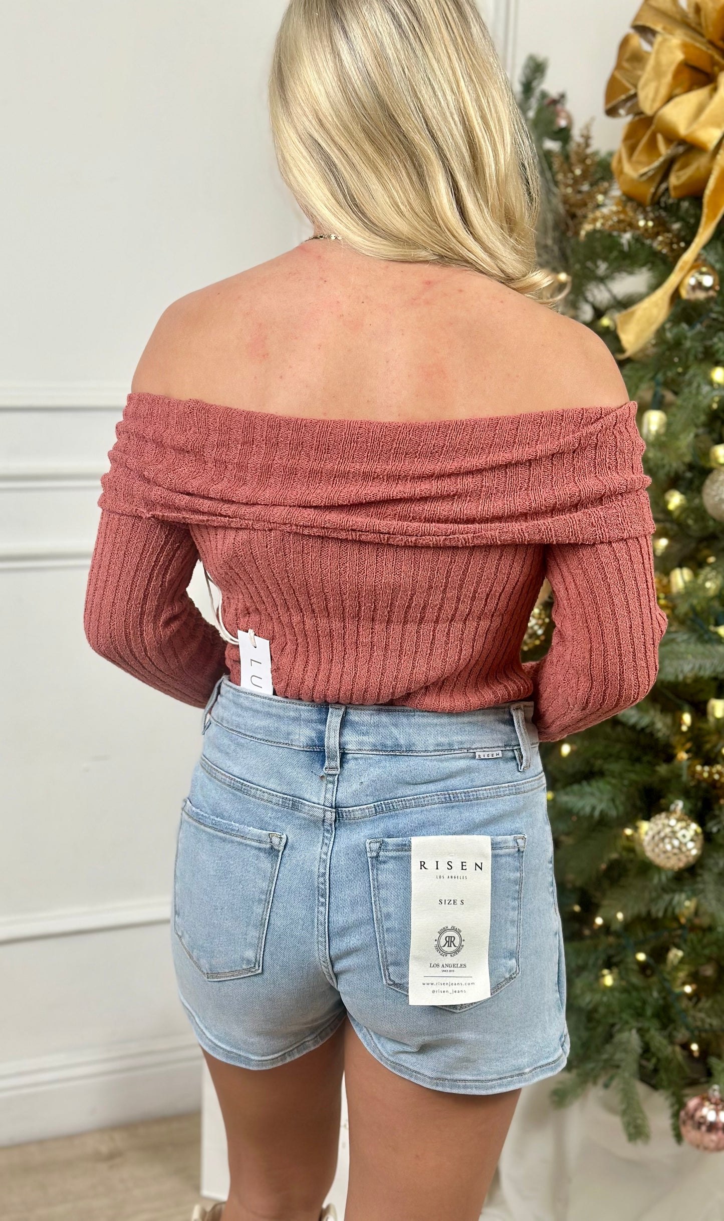 Mauve Ribbed Off Shoulder Sweater