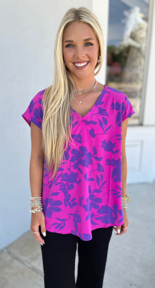 Purple Mix Flower Print Cap Sleeve Top
