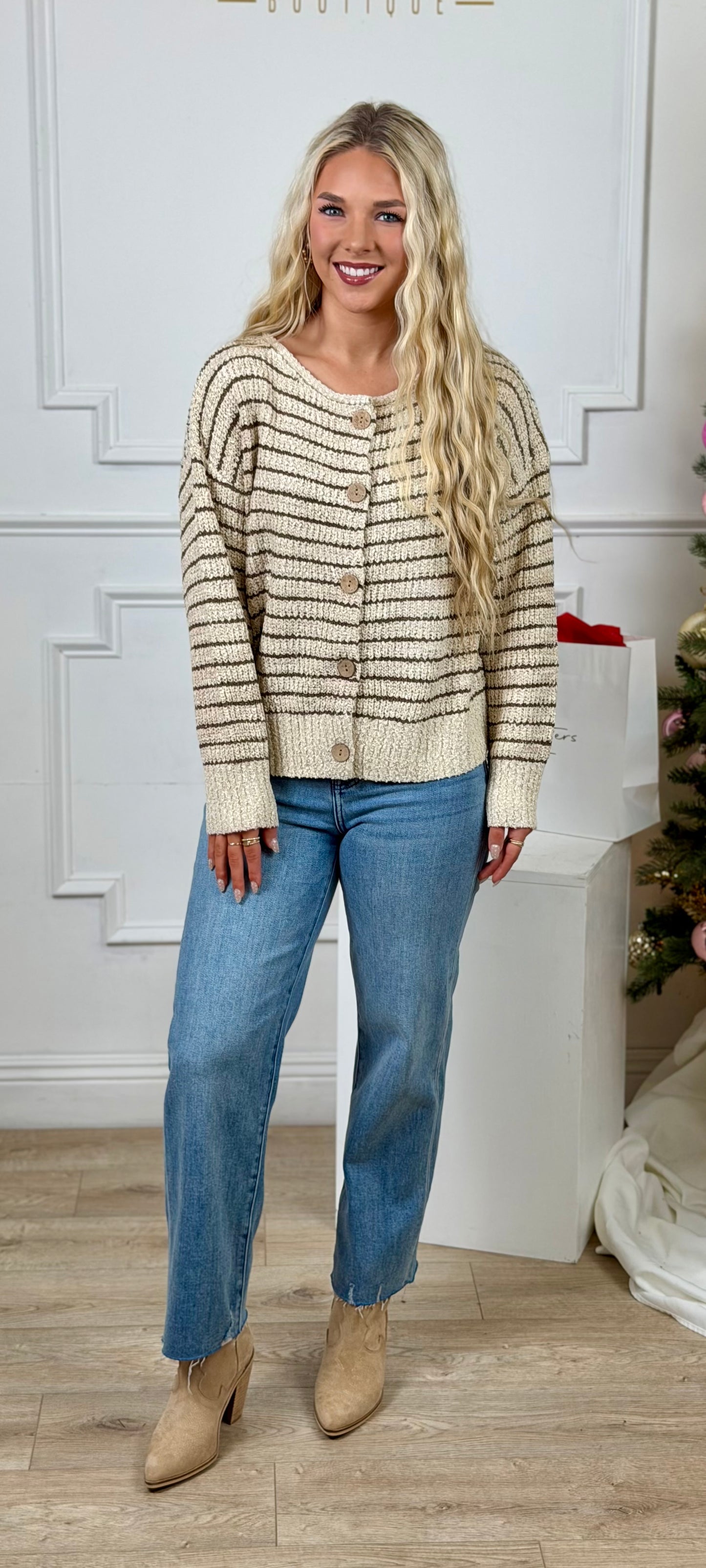 Oatmeal/Brown Striped Lightweight Cardigan