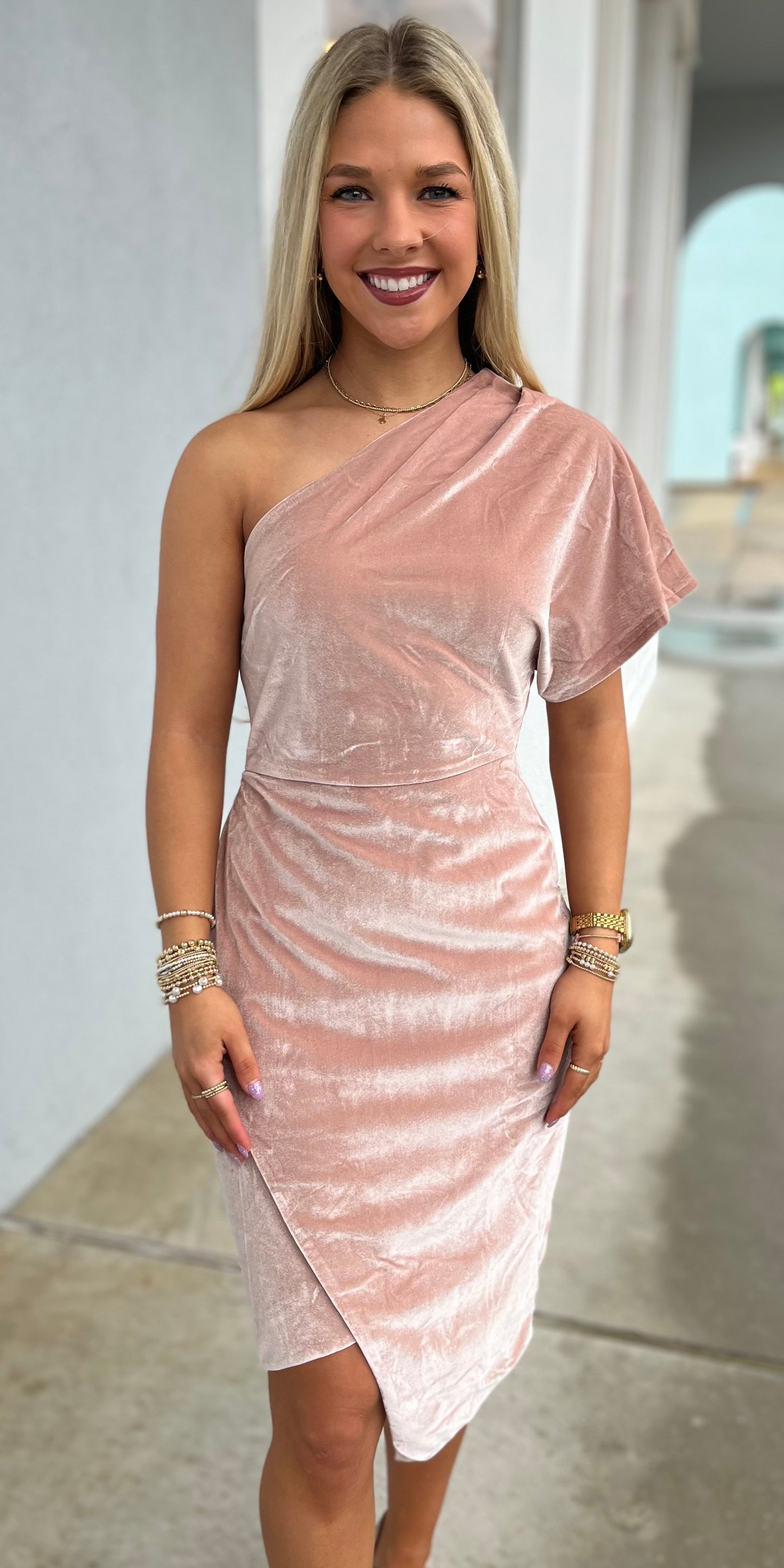 Rose Taupe One Shoulder Velvet Dress