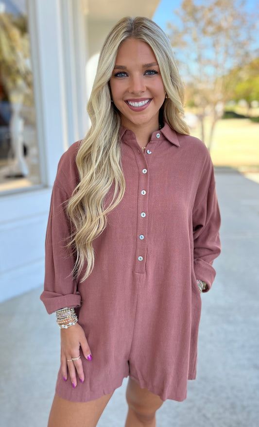 Brick Button Up Linen Romper