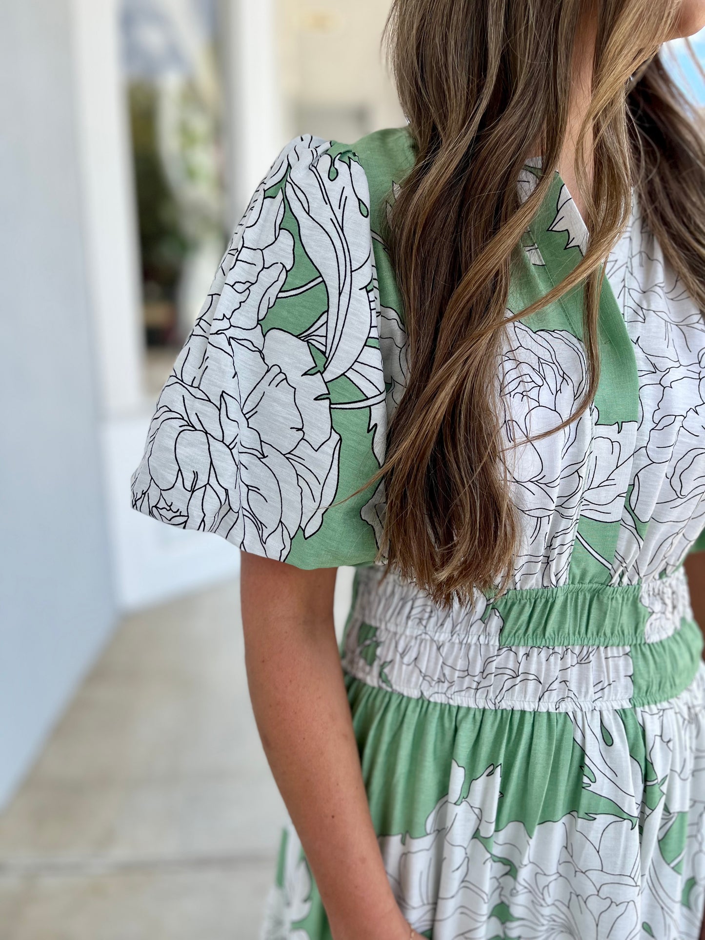 Sage Short Bubble Sleeve V Neck Tiered Midi Dress