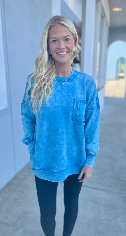 French Terry Acid Wash Front Pocket Pullover, Deep Sky