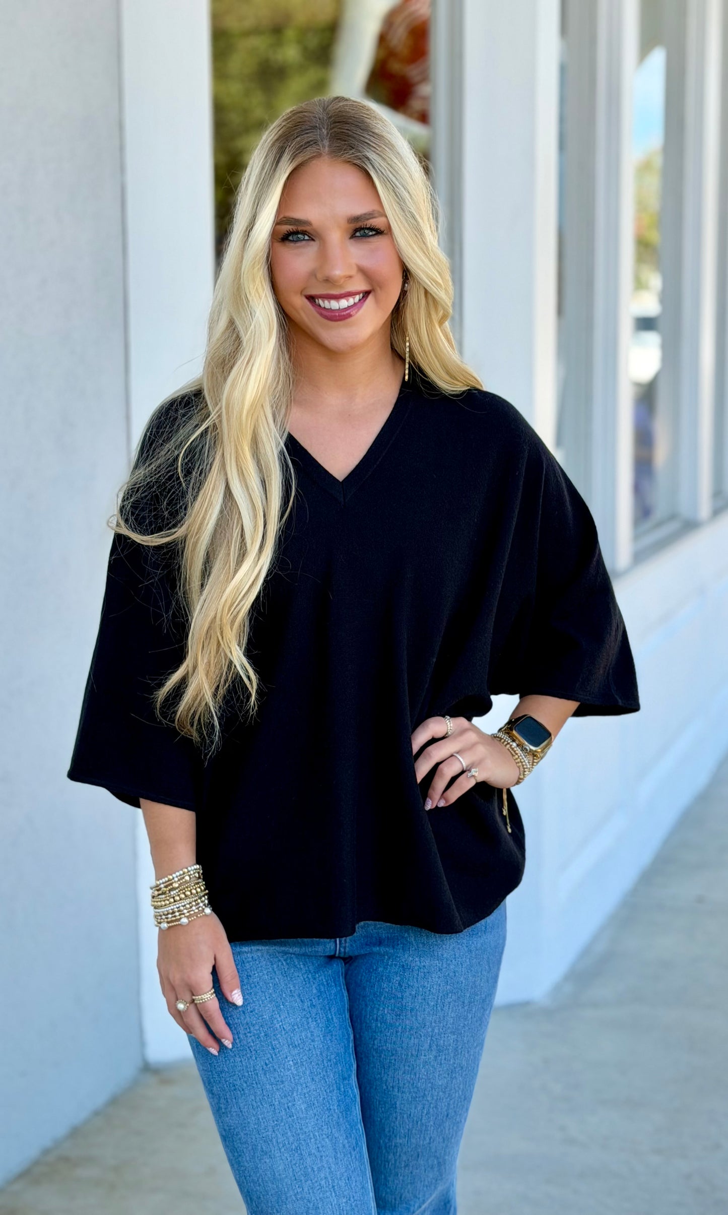 Lightweight V Neck Sweater Top, Black