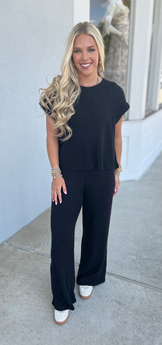 Rolled Sleeve Top & Pants SET, Black