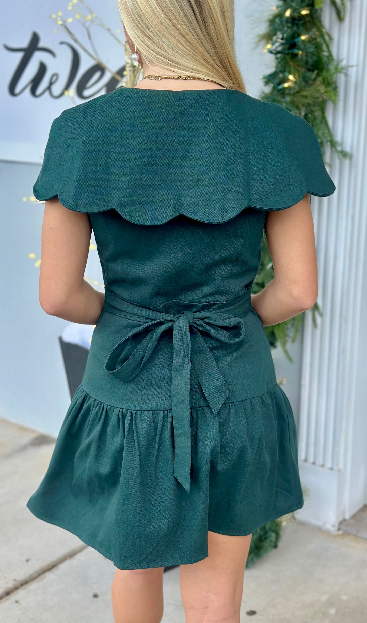 Hunter Green Fit and Flare Scalloped Collar Dress