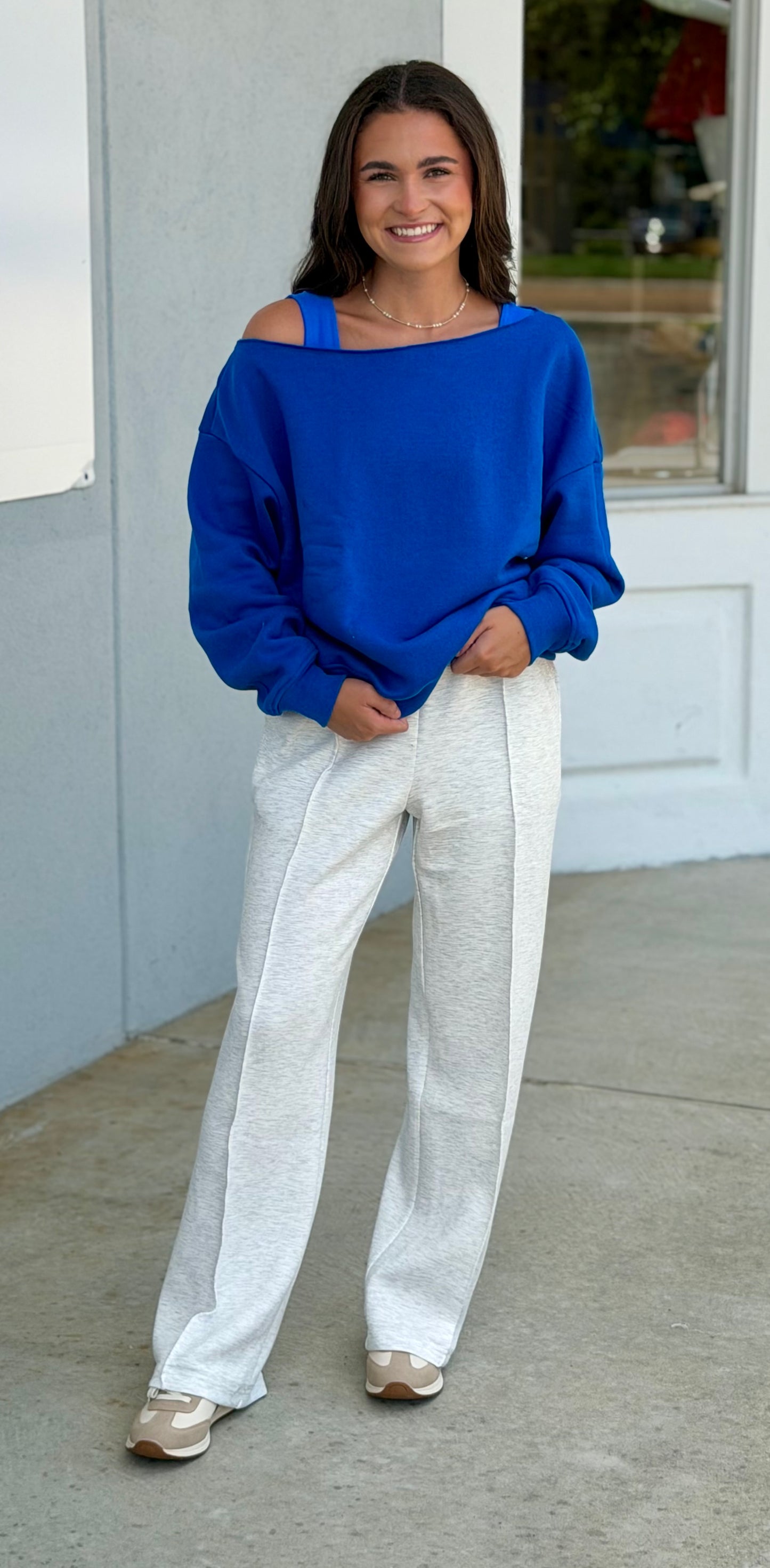 French Terry Fleece Off Shoulder Top, True Blue