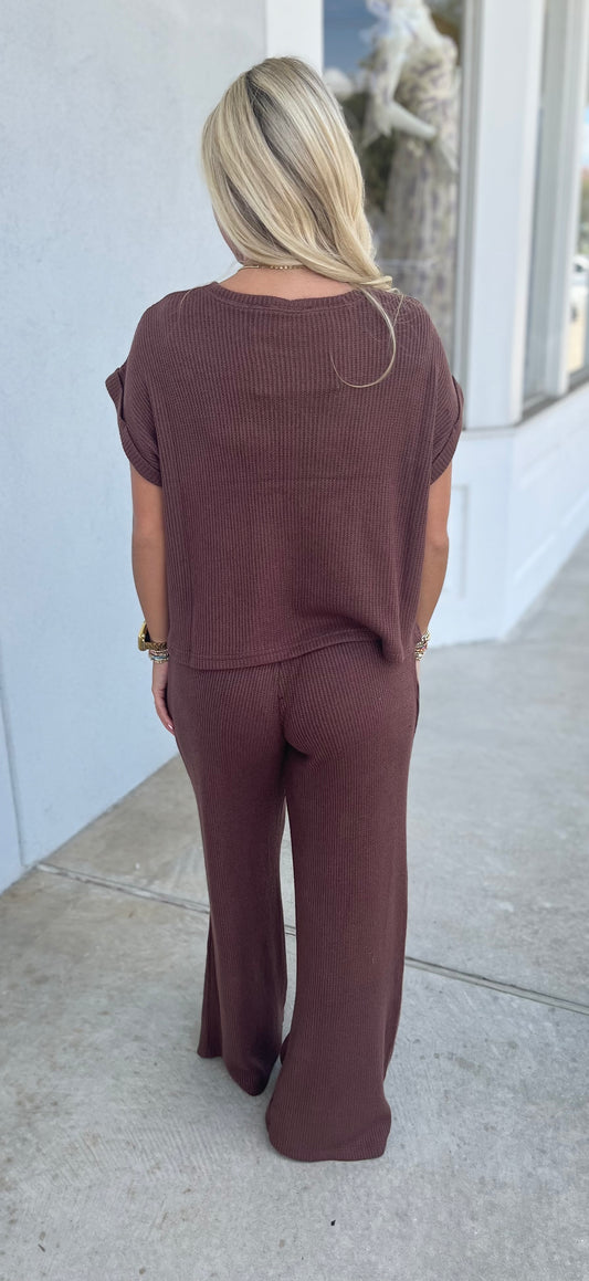 Rolled Sleeve Top & Pants SET, Brown