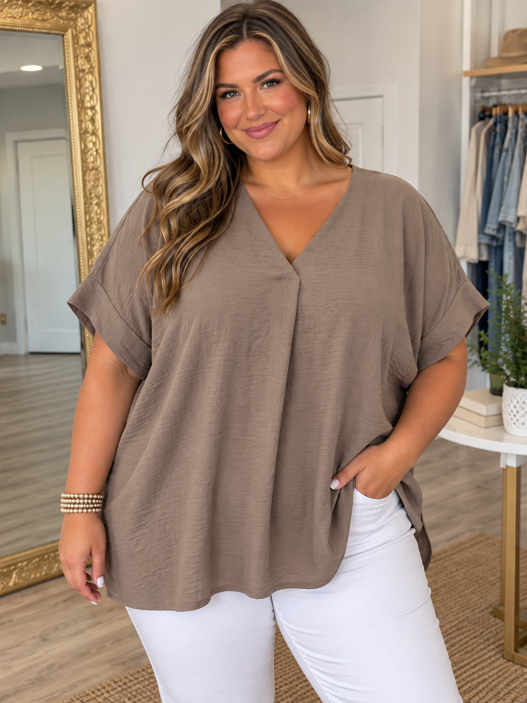 PLUS Mocha Drop Short Sleeve Woven Top