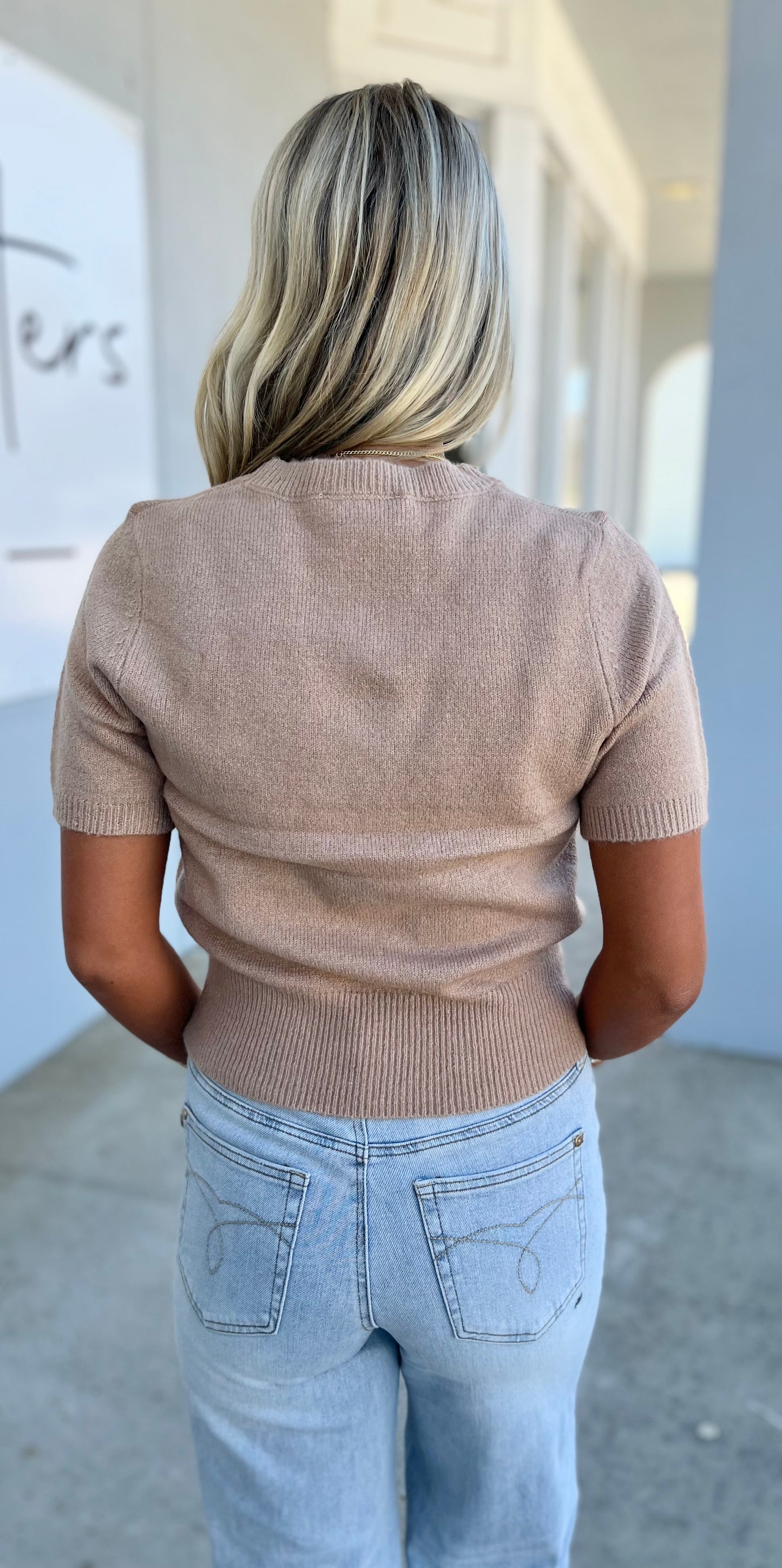 Short Sleeve Sweater Top, Dark Taupe