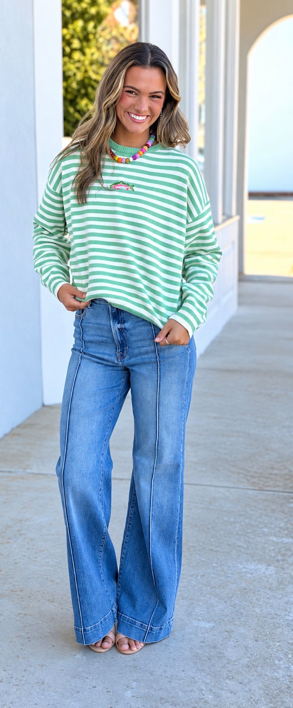 Fish Striped Sweater, Pistachio/Cream