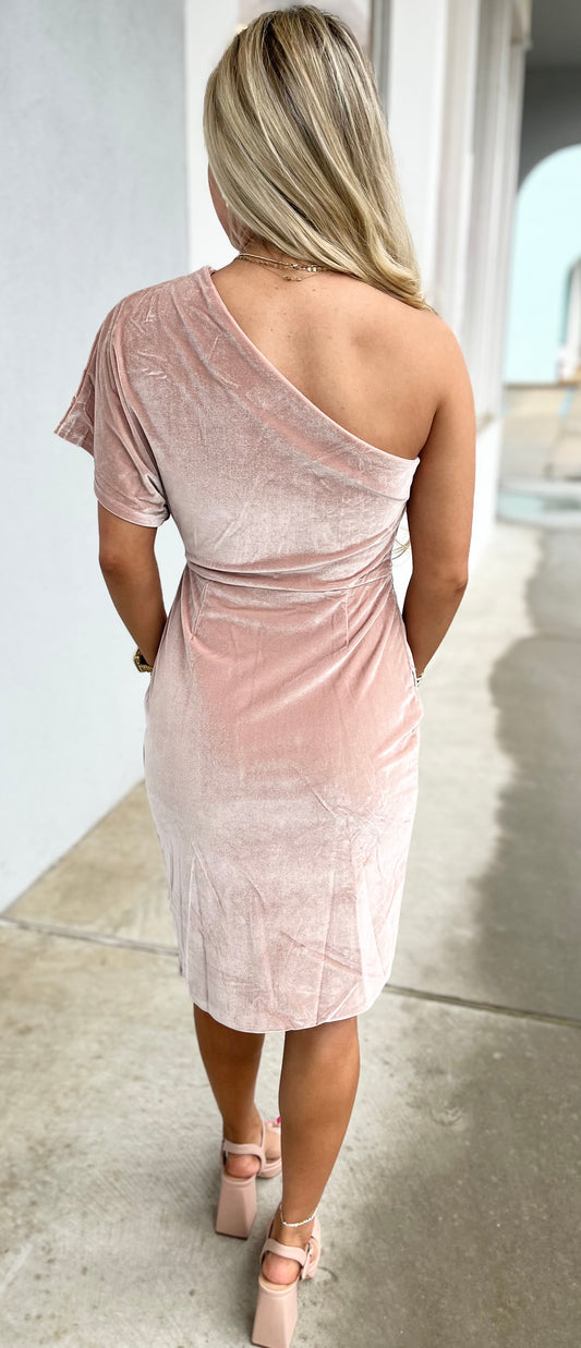 Rose Taupe One Shoulder Velvet Dress