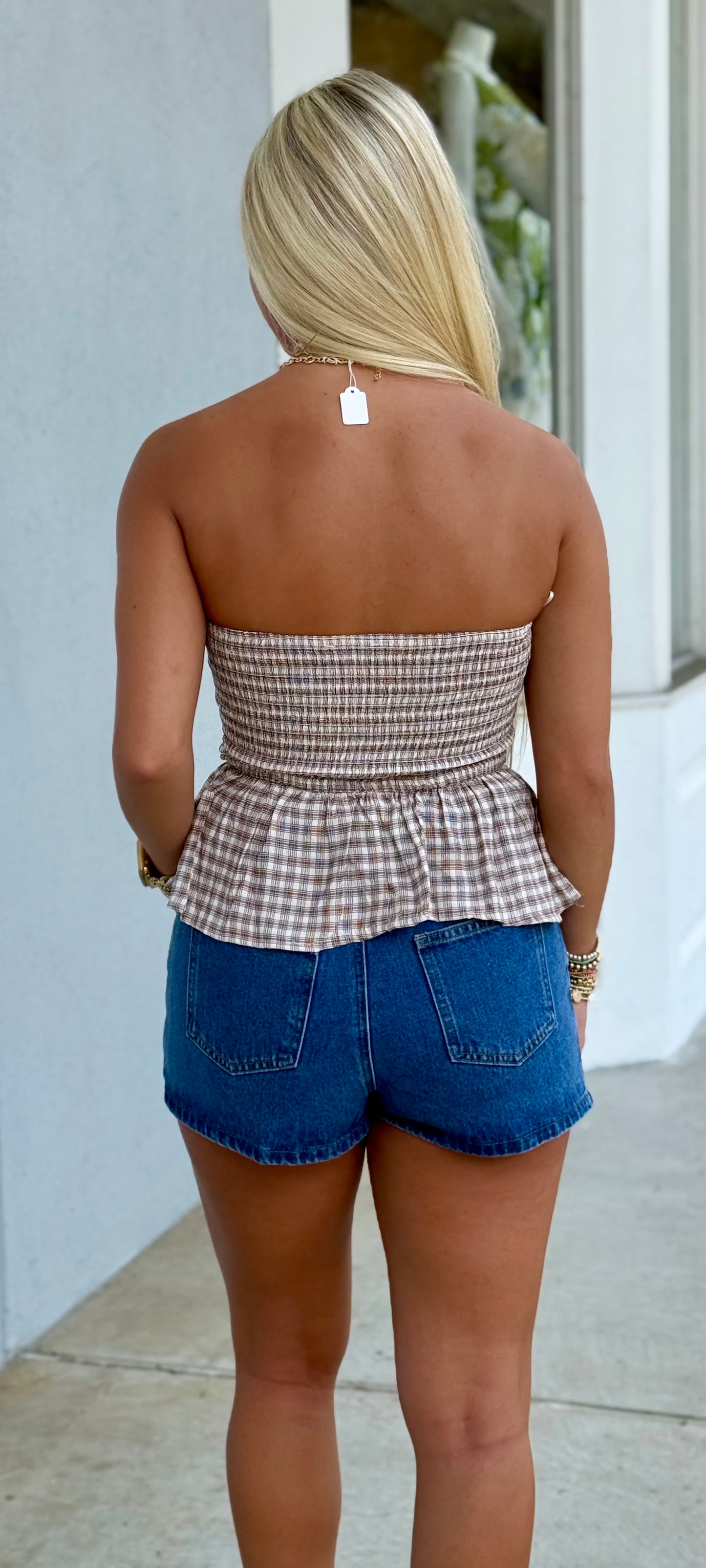 Plaid Strapless Front Tie Ruffle Hem Top