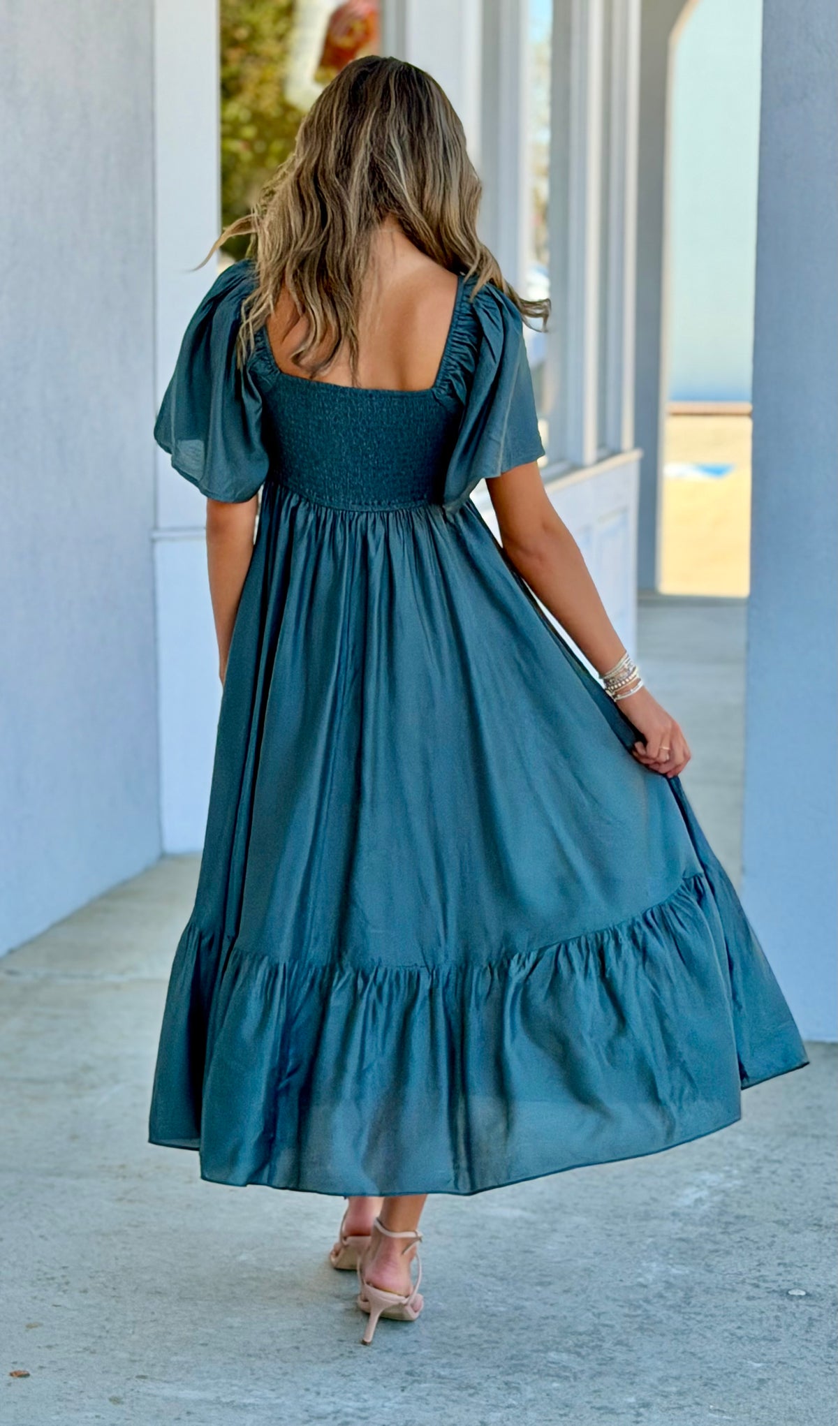 Emerald Green Flutter Sleeve Smocked Midi Dress