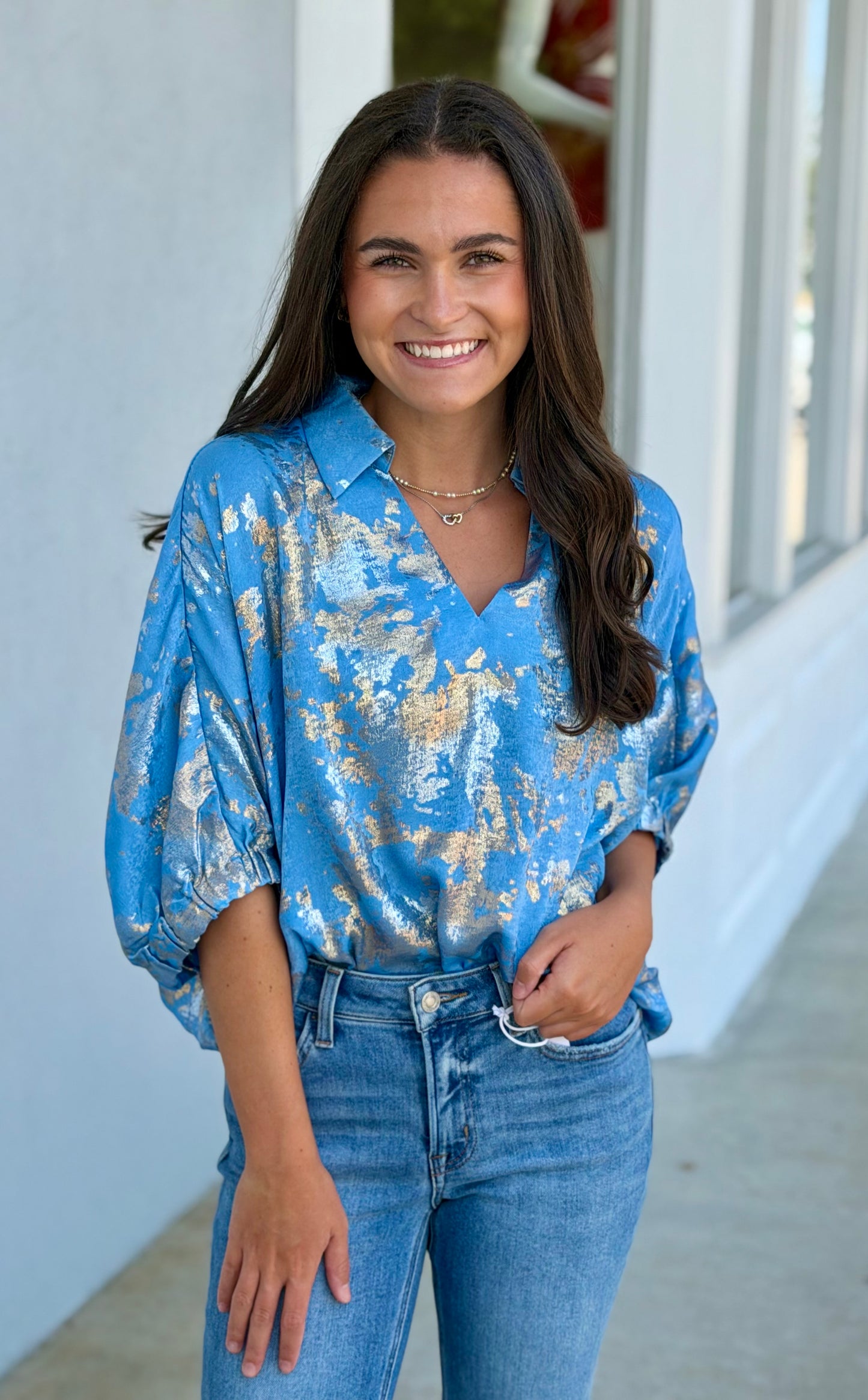 Dolman Sleeve Metallic Top, Blue
