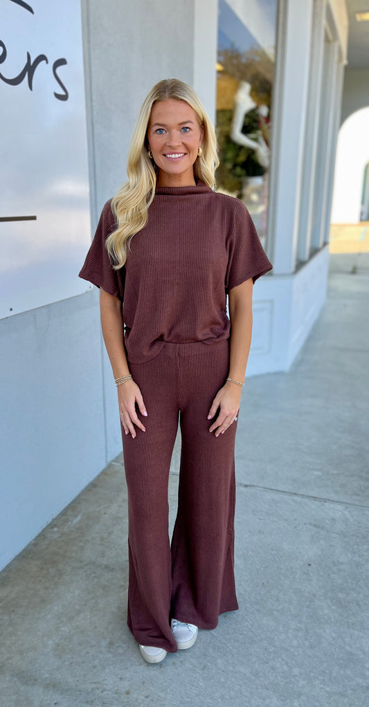 Sweater Mock Neck Top & Pants SET, Brown