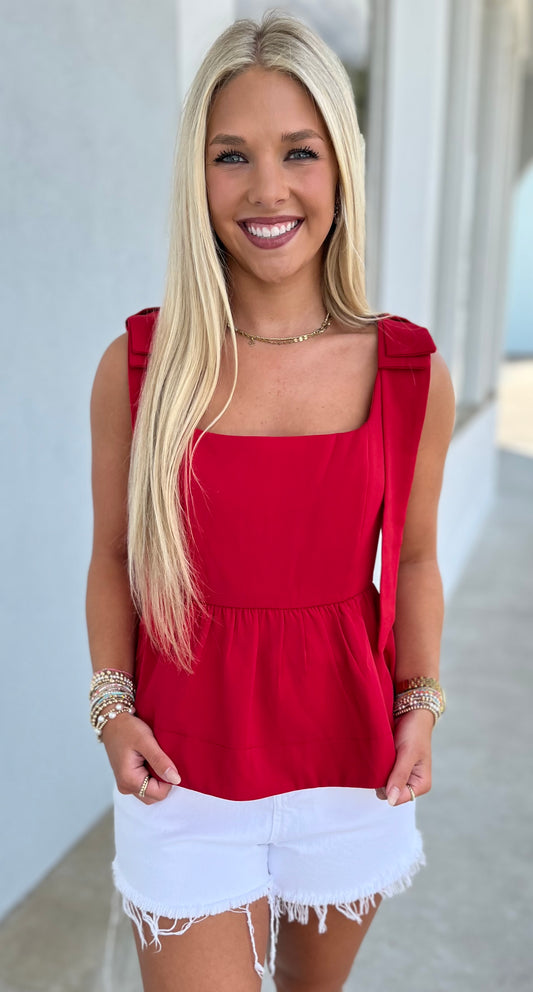 Bow Accent Ruffle Hem Top , Red