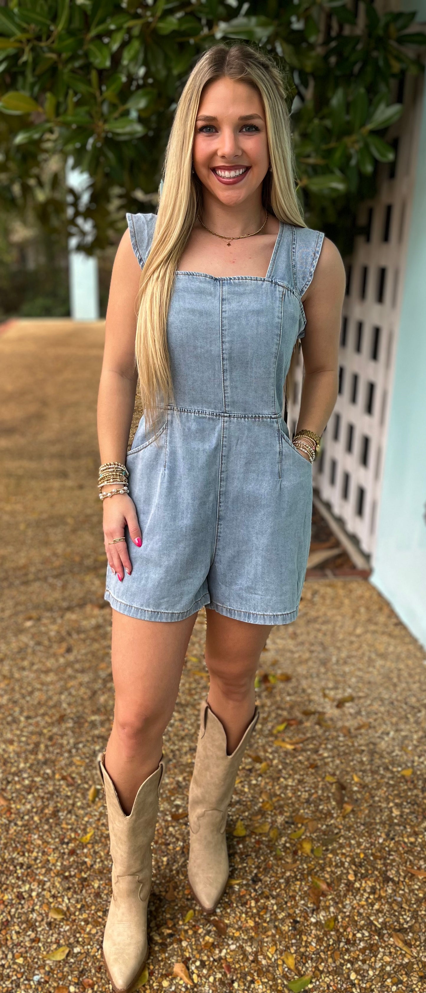 Denim Ruffle Sleeve Romper