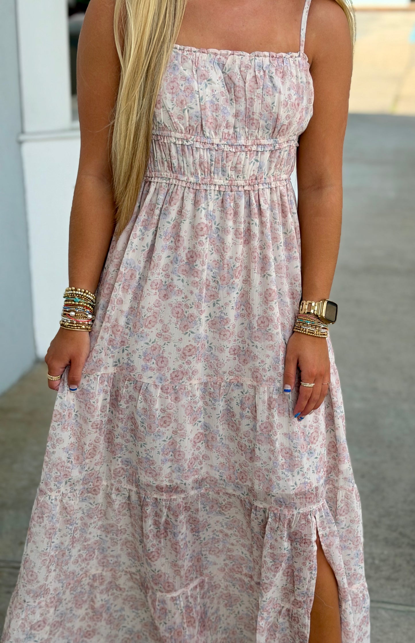 Floral Smocked Back Tiered Midi Dress