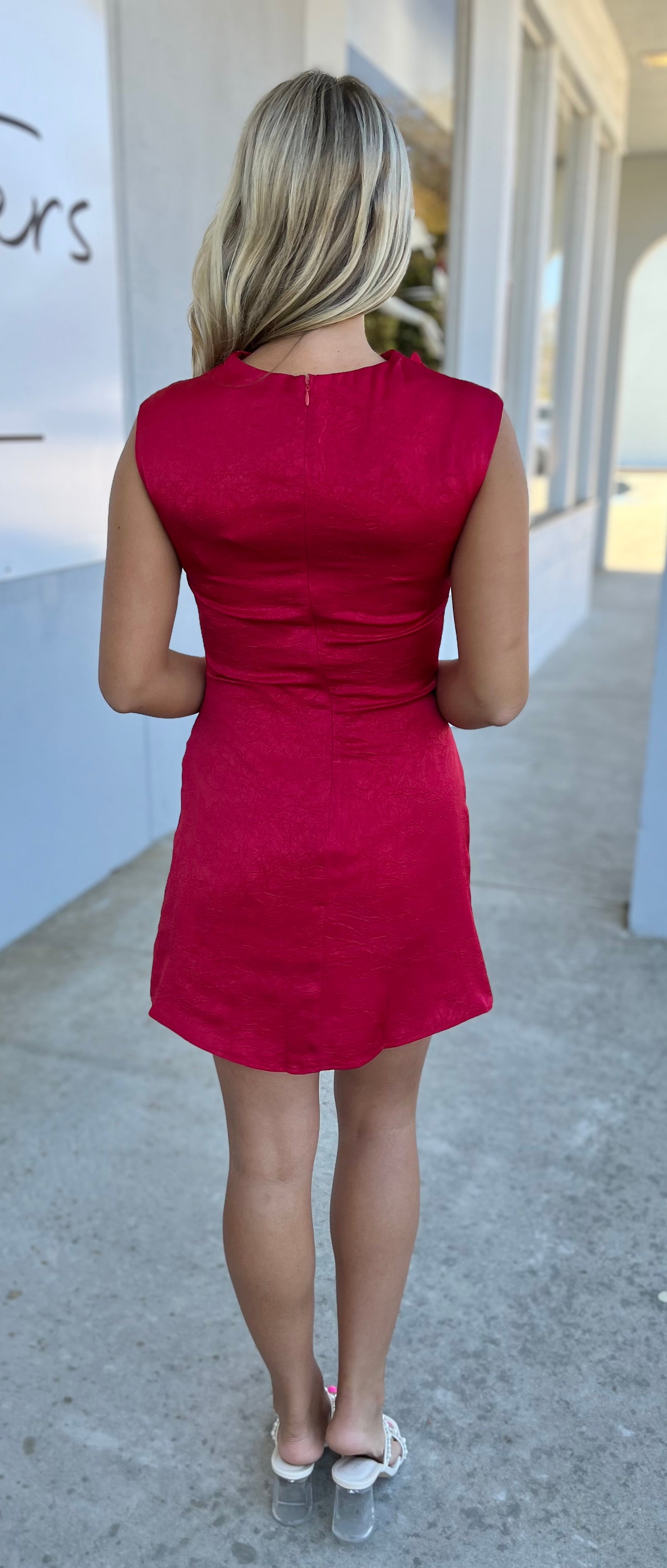 Red Sleeveless Satin Draped Neck Mini Dress