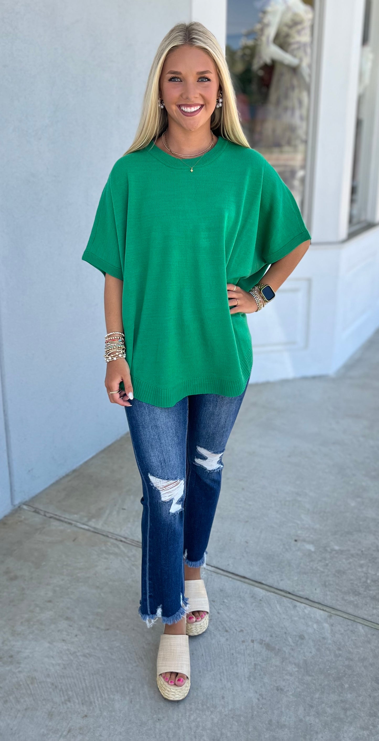 Half Sleeve Round Neck Boxy Top , Emerald