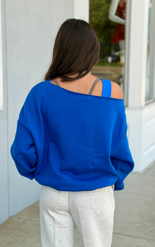 French Terry Fleece Off Shoulder Top, True Blue