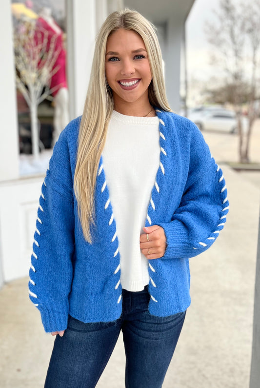 Blue/White Stitch Detail Sweater Cardigan