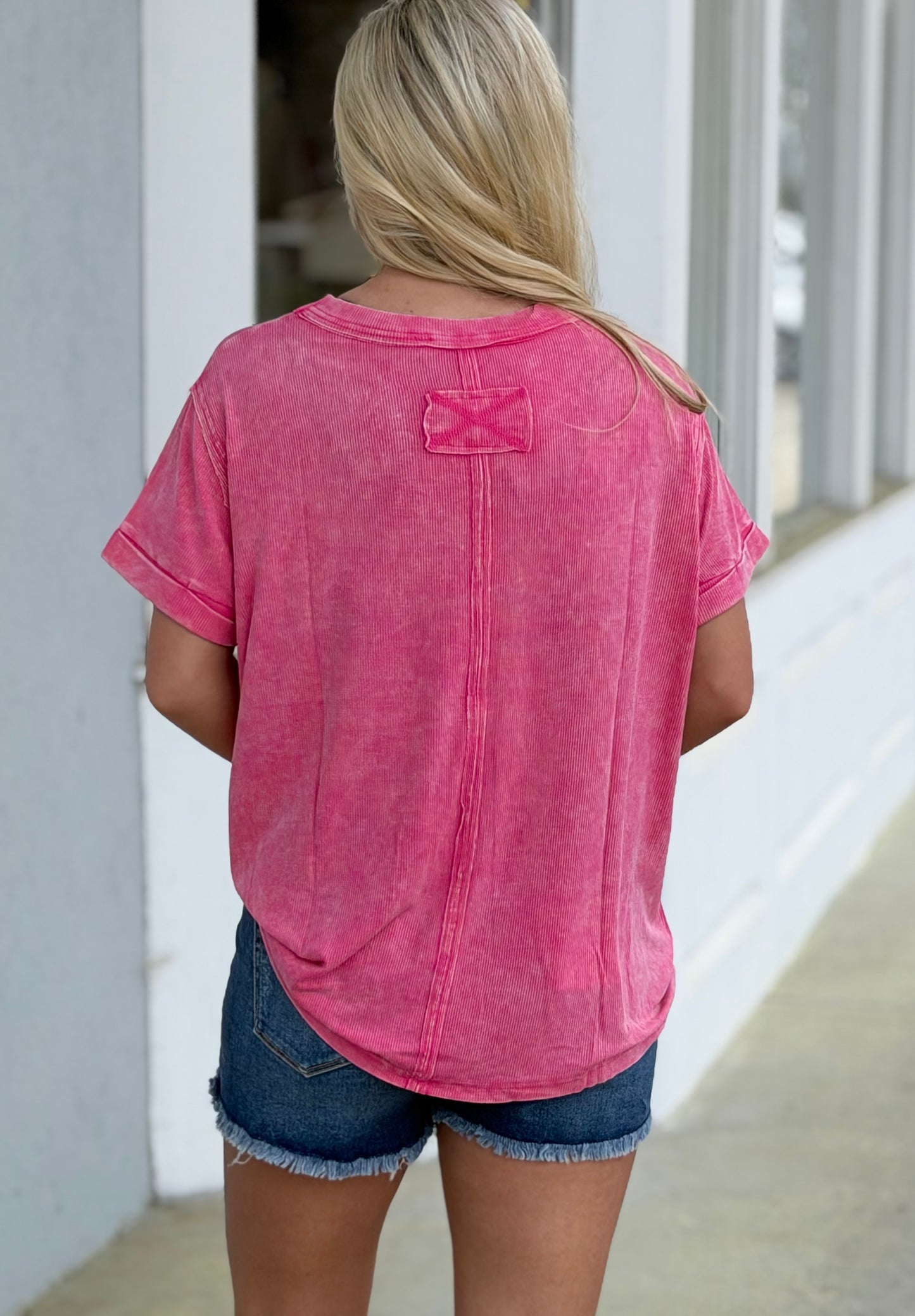 Washed Ribbed Cuffed Round Neck Tee, Fuchsia
