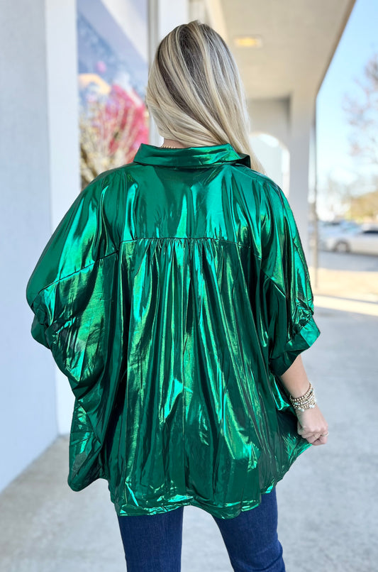 Green Metallic Button Down