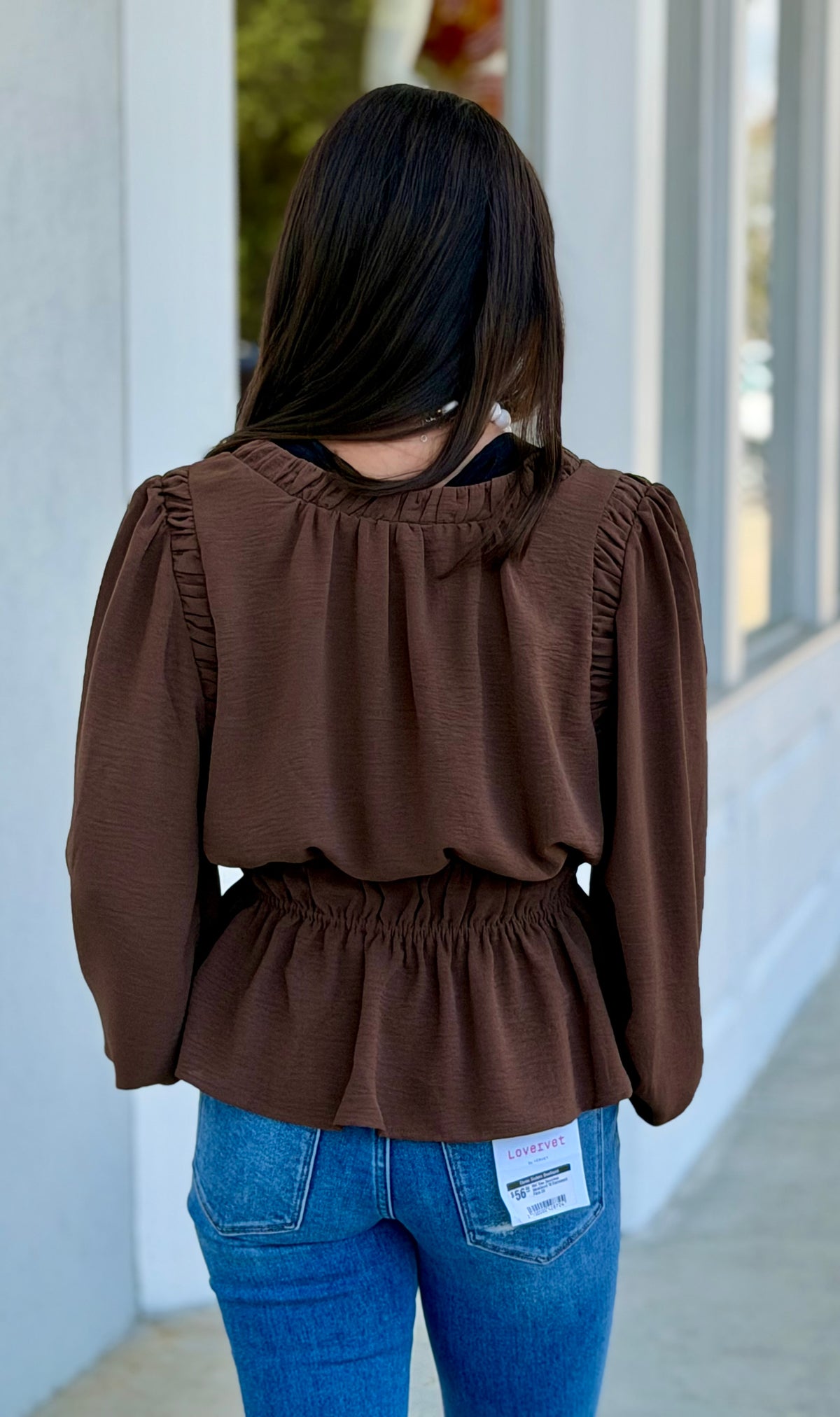 Brown Ruffle Trim Smocked Waist Peplum Blouse