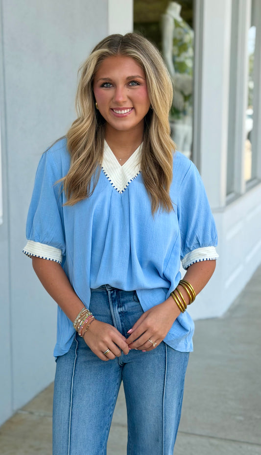 Linen Blend Trim Top, Periwinkle