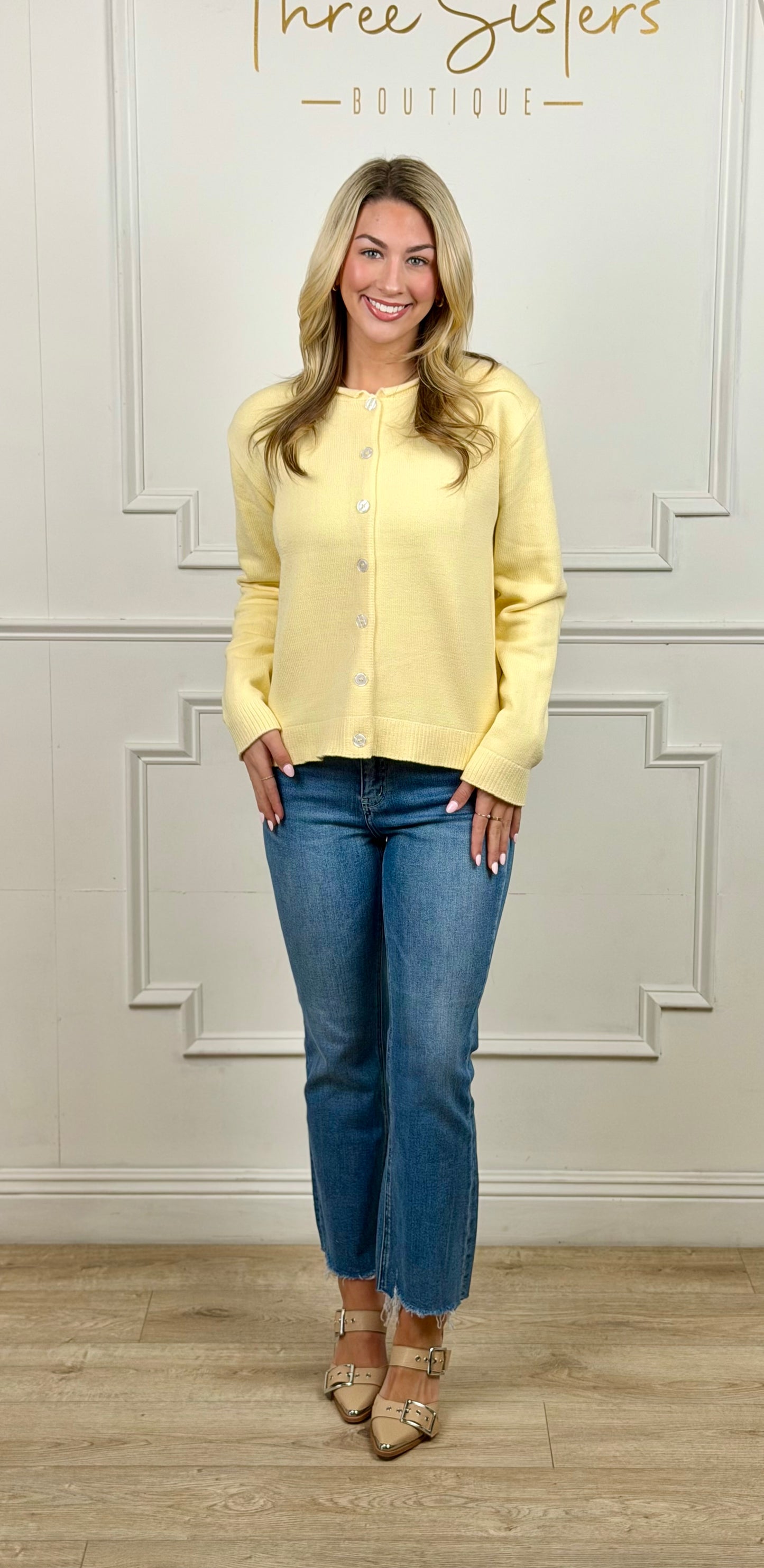 Raw Edge Neckline Button Up Cardigan , Lemon