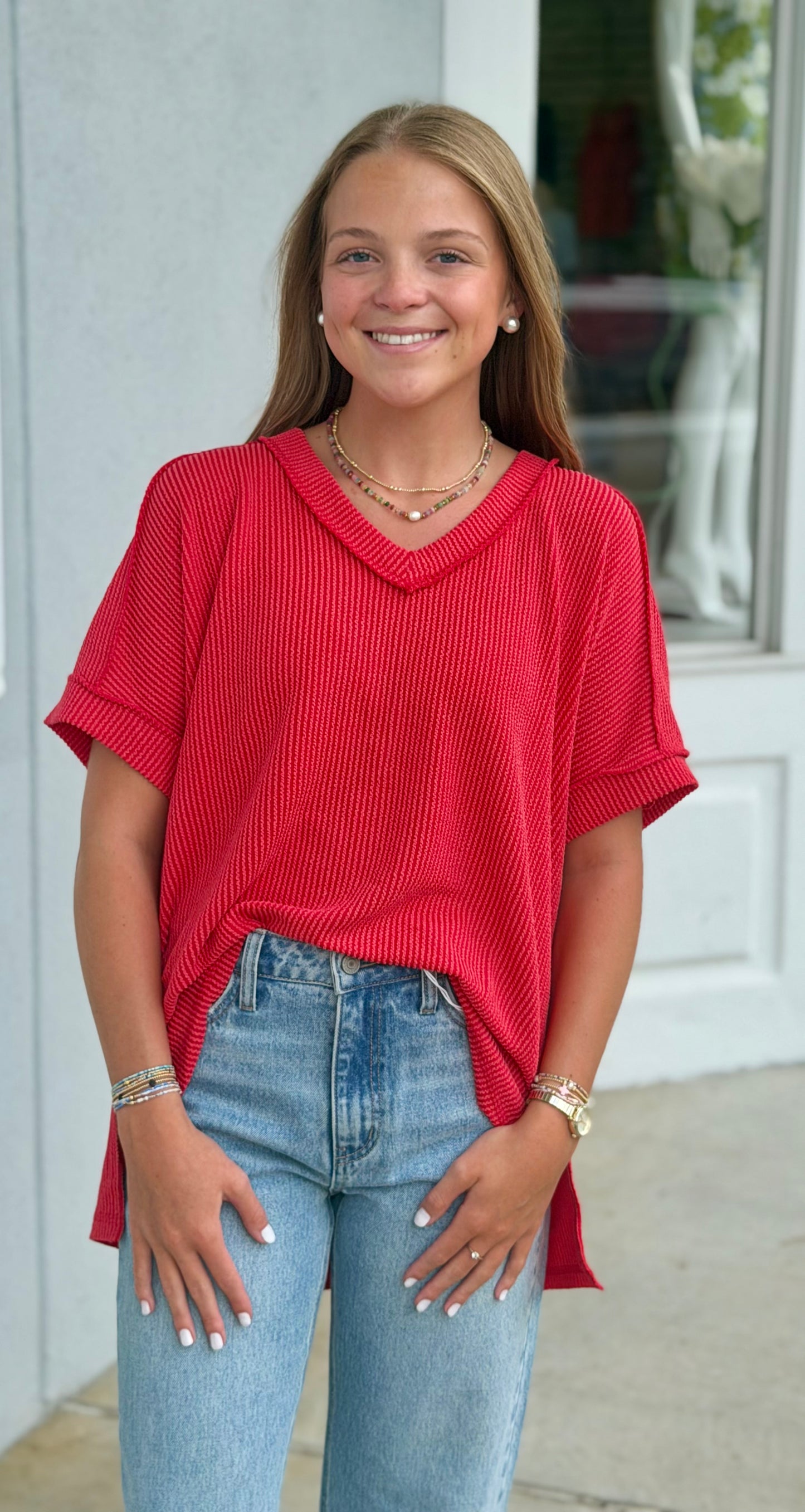 Raised Rib Hi Low V Neck Tee, Ruby