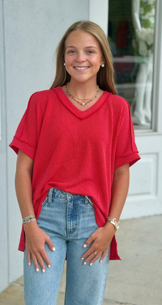 Raised Rib Hi Low V Neck Tee, Ruby