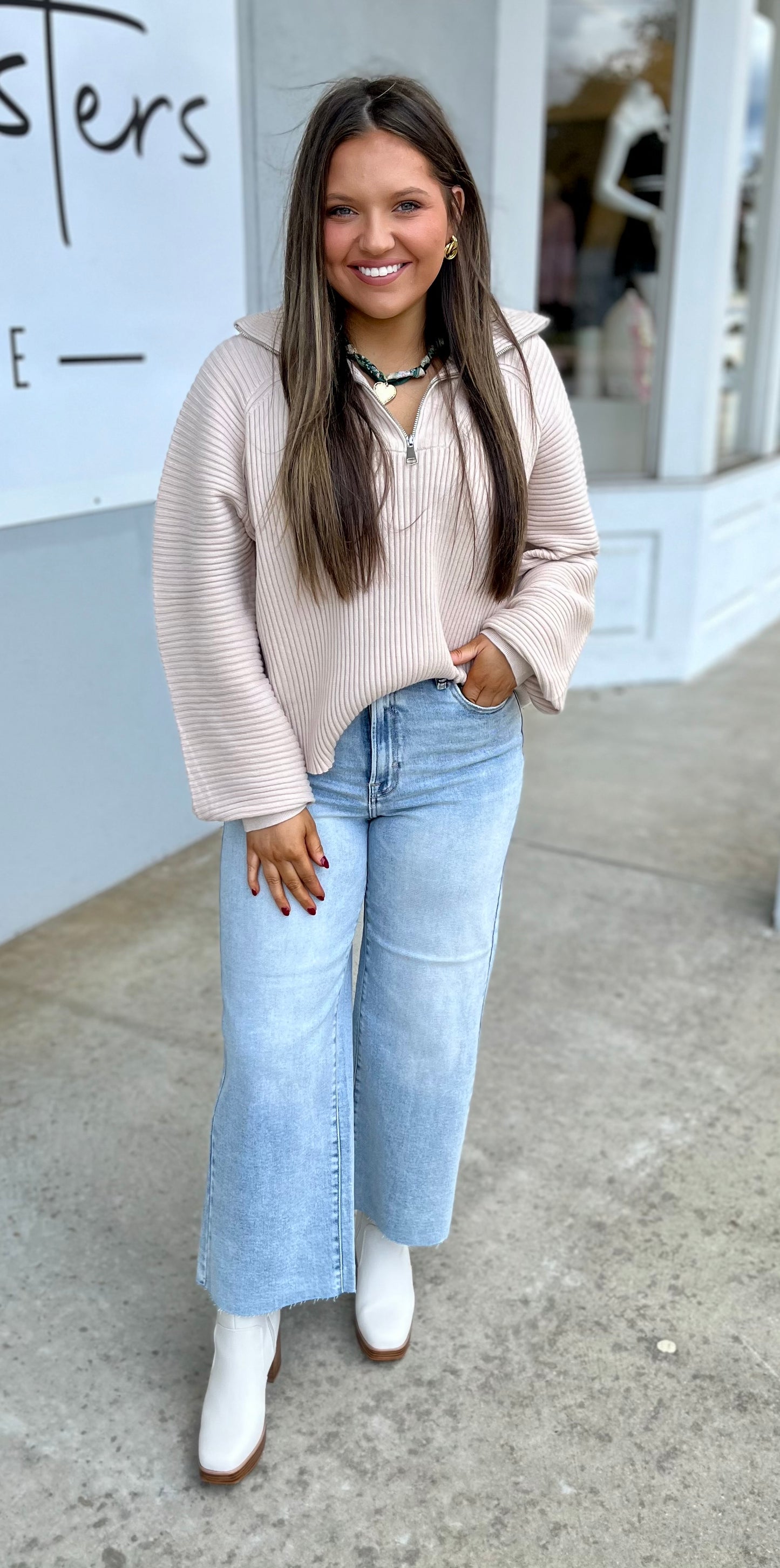 Beige Front Zip Mock Neck Sweater