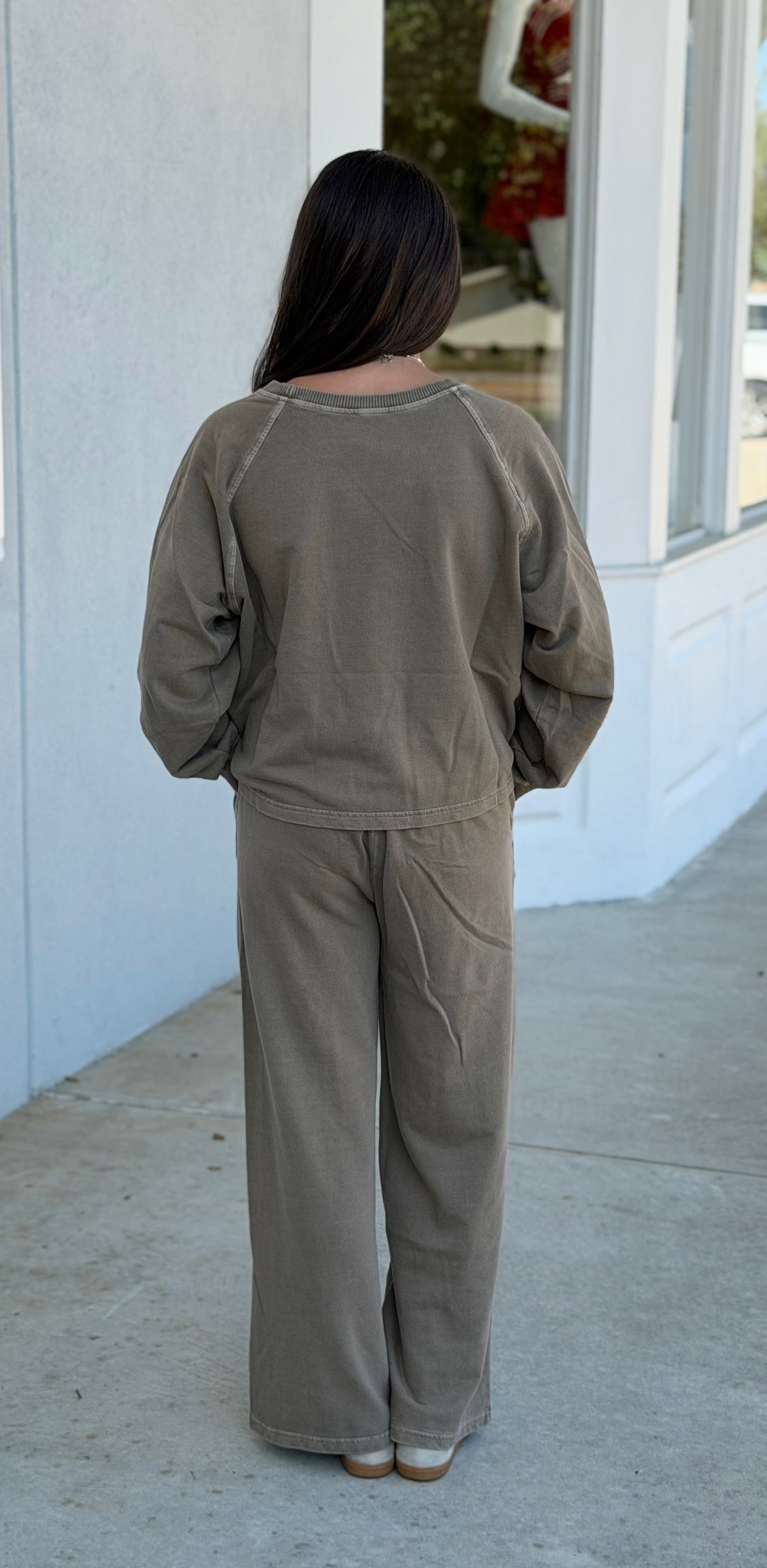Washed F/Terry Round Neck Pullover & Pants SET, Mocha