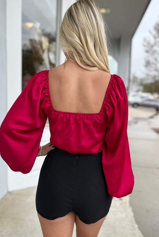 Red  Satin Square Neck Bodysuit