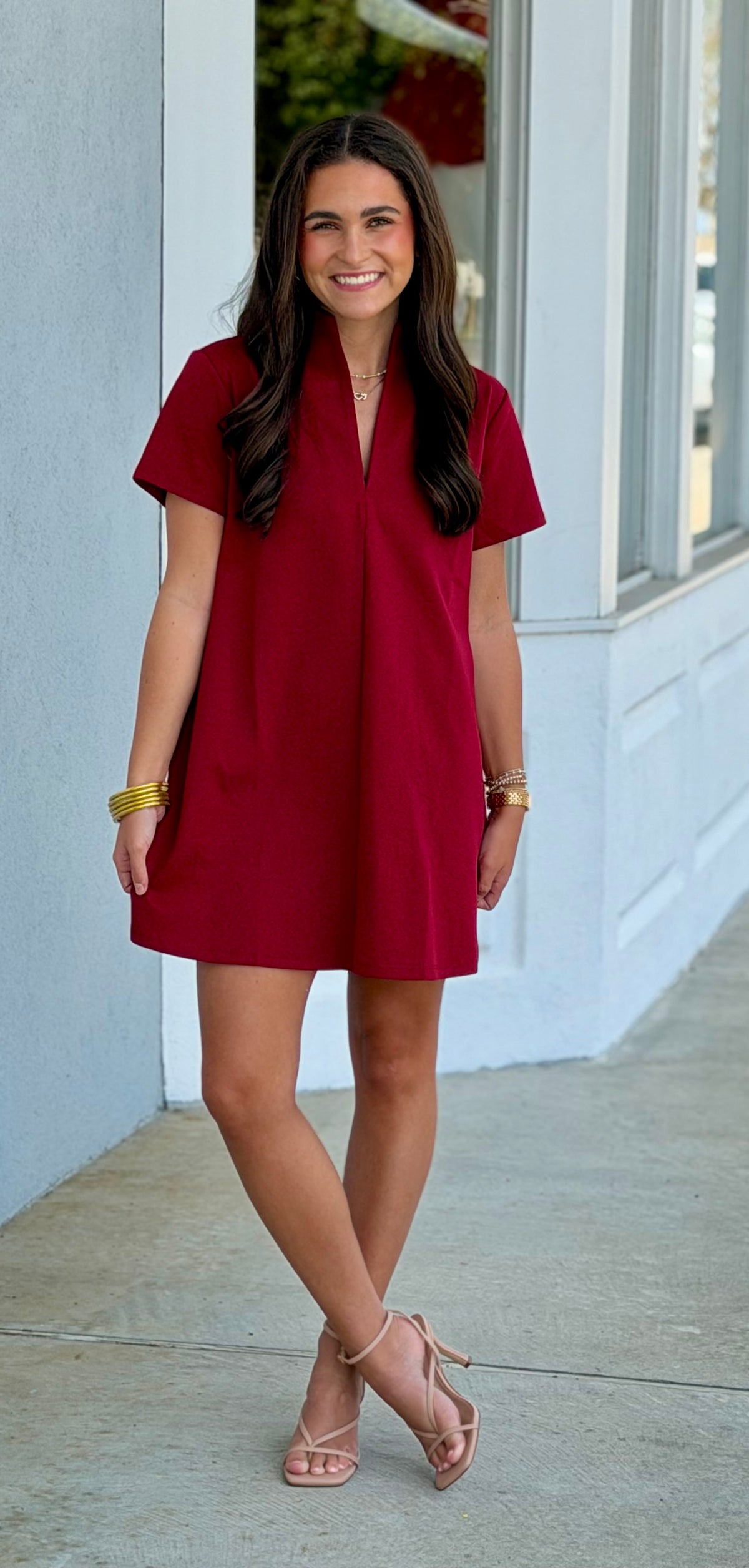 Stand Collar V-Neck Slit Mini Dress, Burgundy