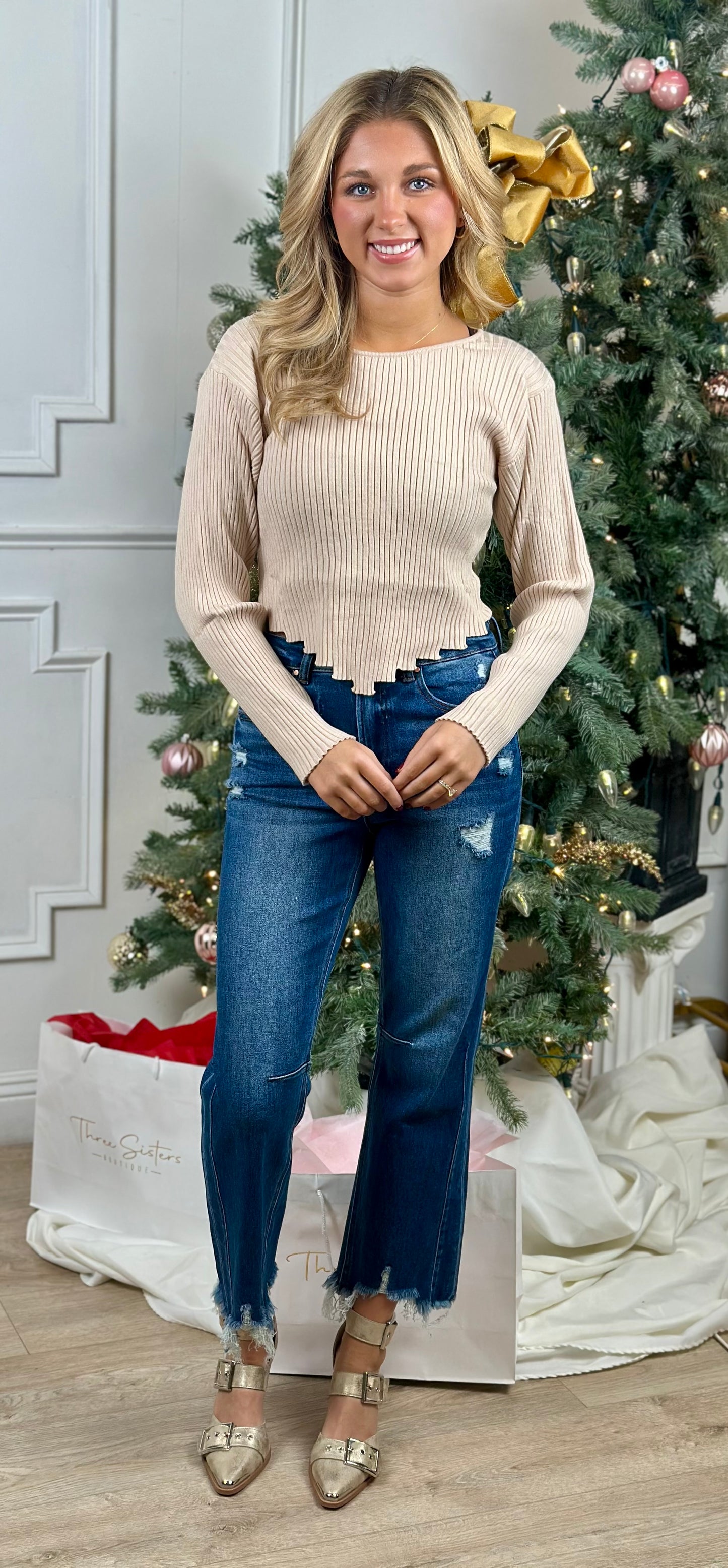 Rib Knitted Sweater Top With Shaped Hem, Oatmeal