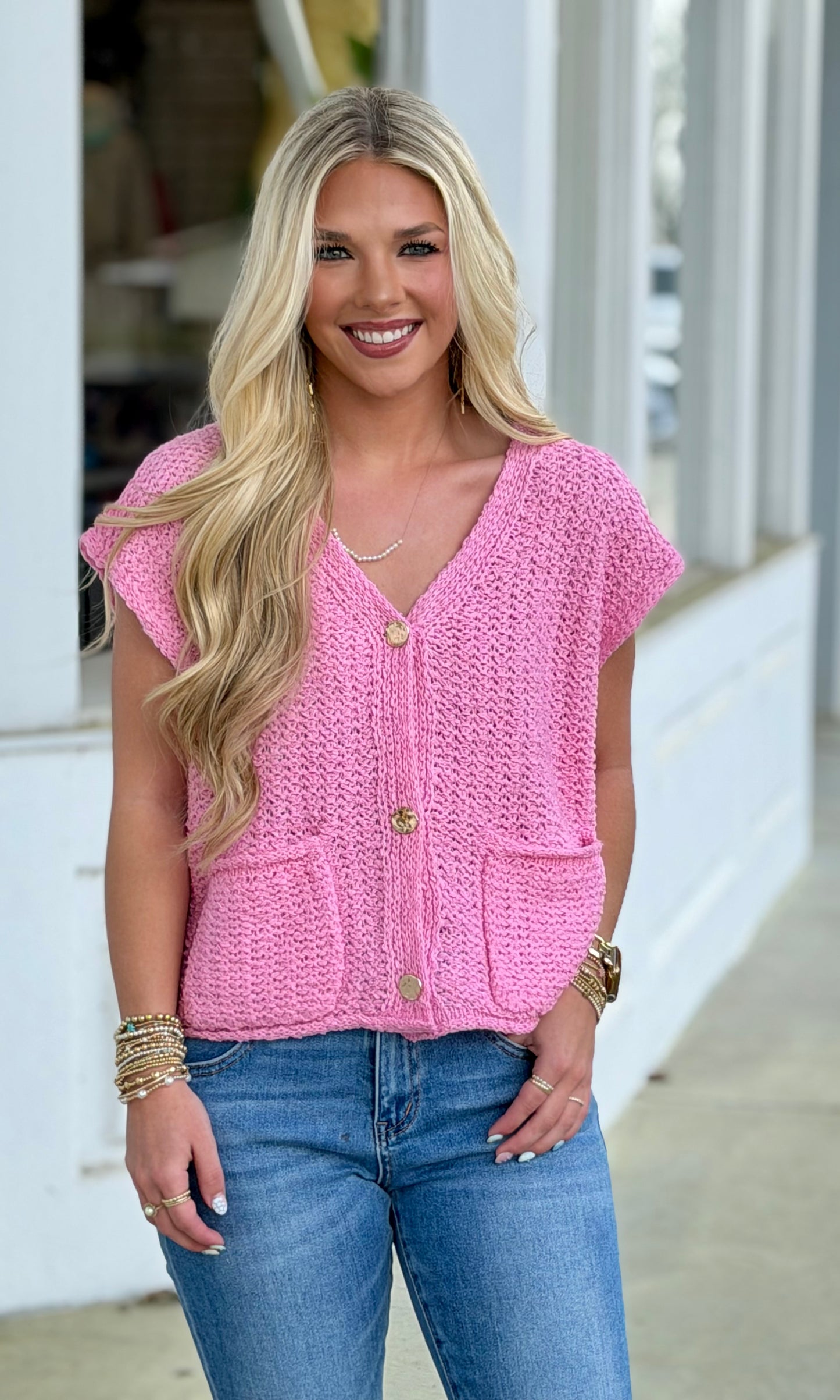 Button Down Sweater Vest, Pink