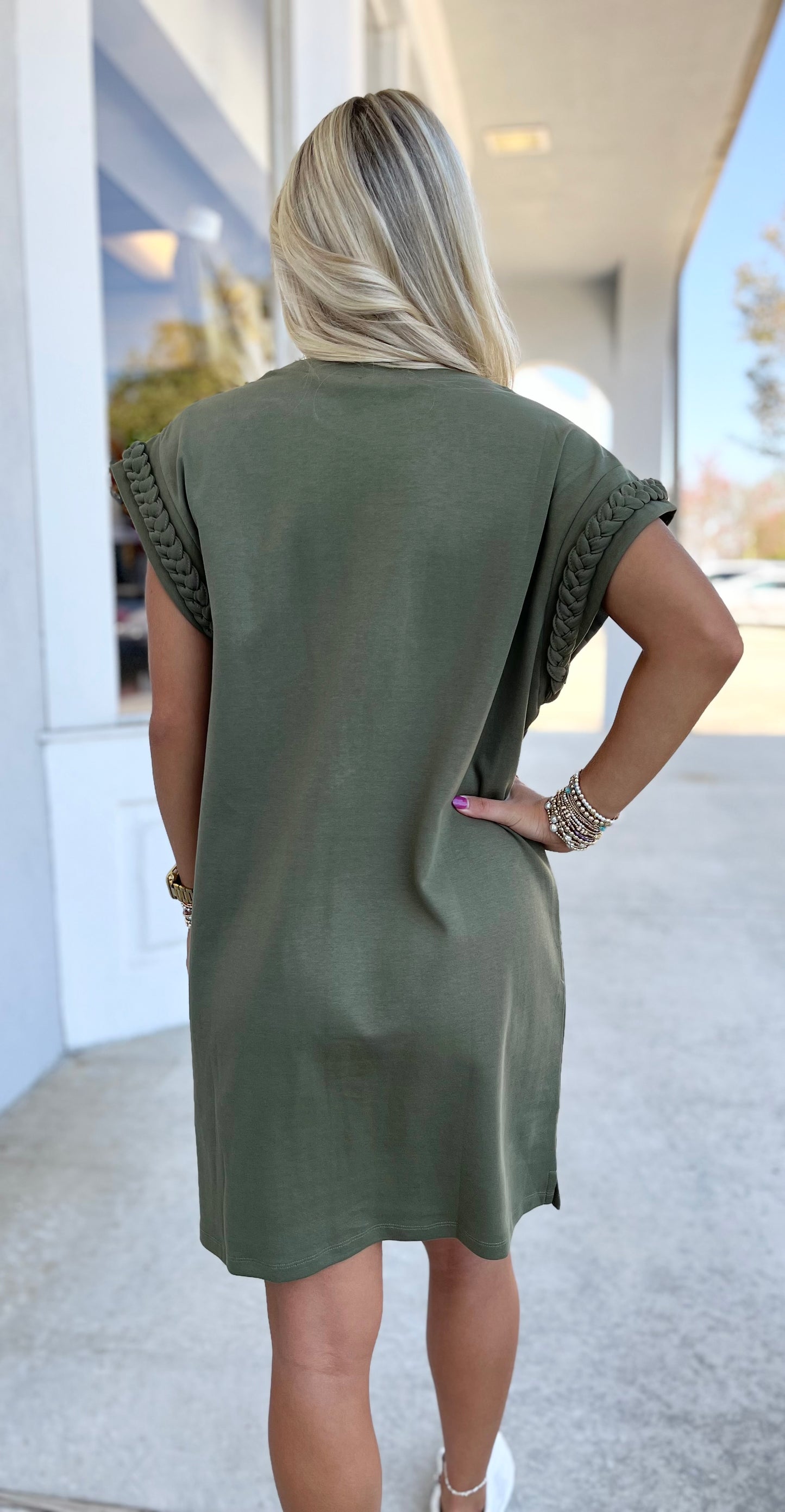 Olive Braided Sleeve Dress