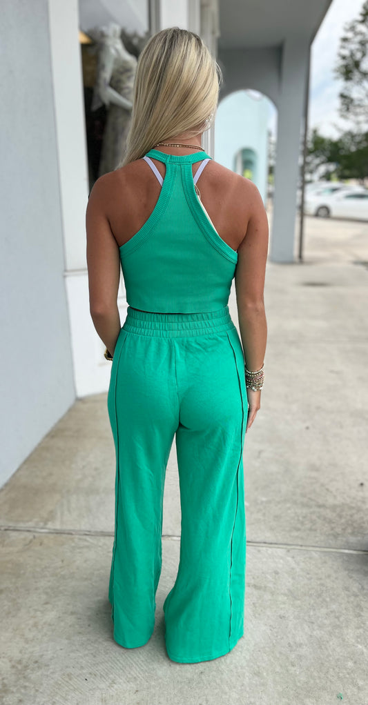 Cropped Ribbed Tank with Wide Leg Pants Set, Field Green