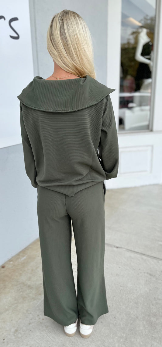 Ribbed High Neck Half Zip Top & Pants SET, Dk Olive