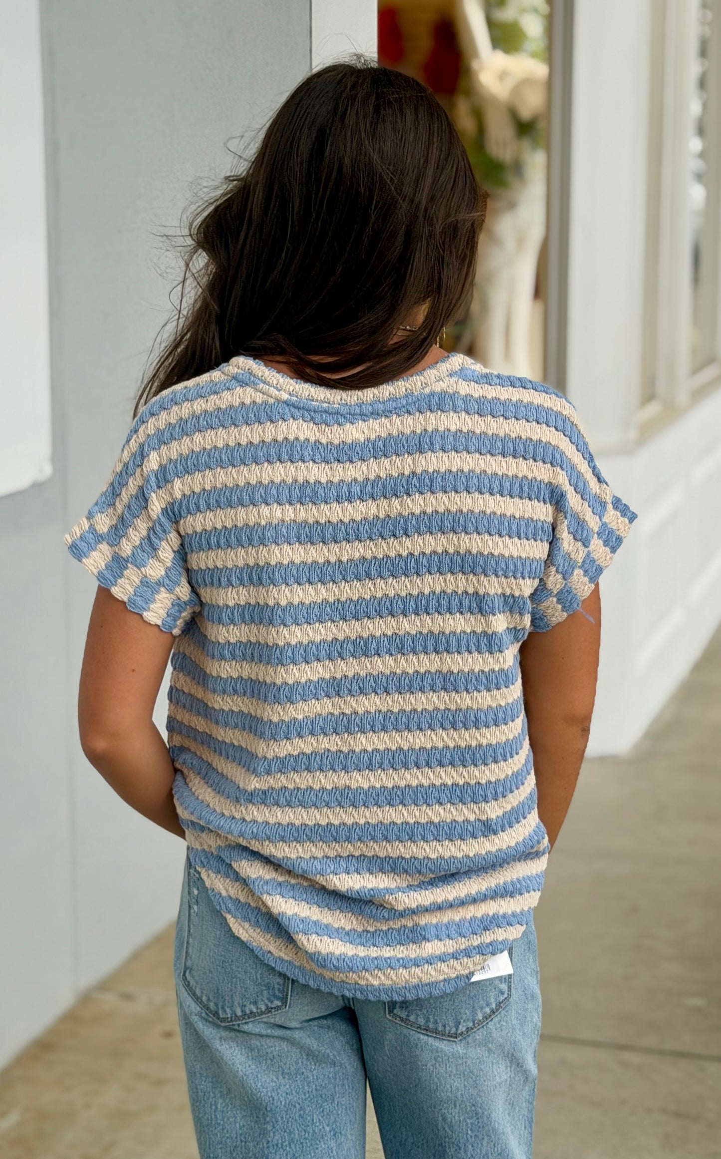 Textured Stripe Round Neck Dolman Top, Dusty Blue